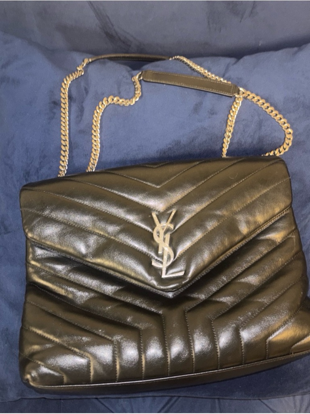 Saint Laurent Black Quilted Chevron Leather Shoulder Bag with Silver Chain